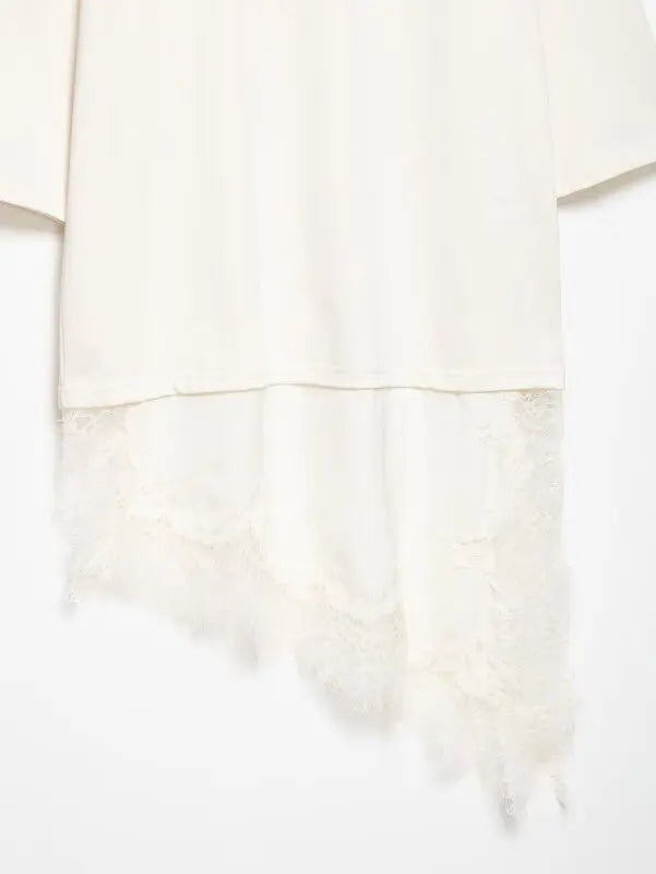 T-shirt asymétrique à manches mi-longues pour femmes, avec garniture en dentelle, pour la rentrée scolaire, tenue décontractée quotidienne, haut polyvalent à la mode, 4 couleurs