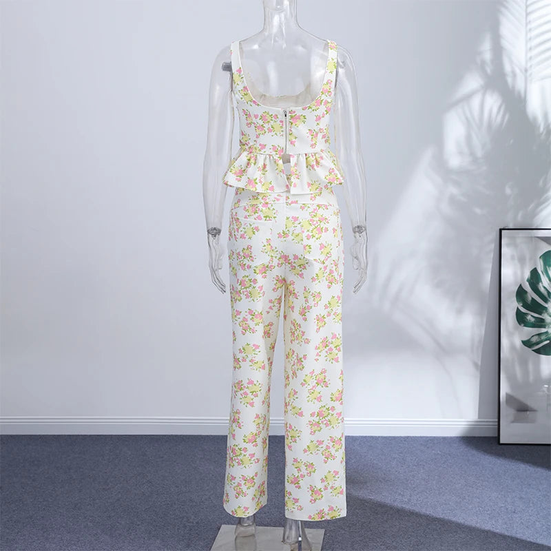 Ensemble pantalon long imprimé floral pour femme – Gilet élégant sans manches et dos nu avec pantalon large – Tenue chic pour les vacances d'été
