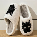 Pantoufles d'intérieur pour femmes, pantoufles d'hiver avec chat noir, pantoufles mignonnes pour filles, chambre à coucher, semelle souple antidérapante, chaussures de maison confortables en coton