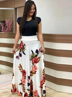 Robe à manches courtes pour femmes, style européen et américain, imprimé floral, couleur assortie, grande jupe trapèze, 2024