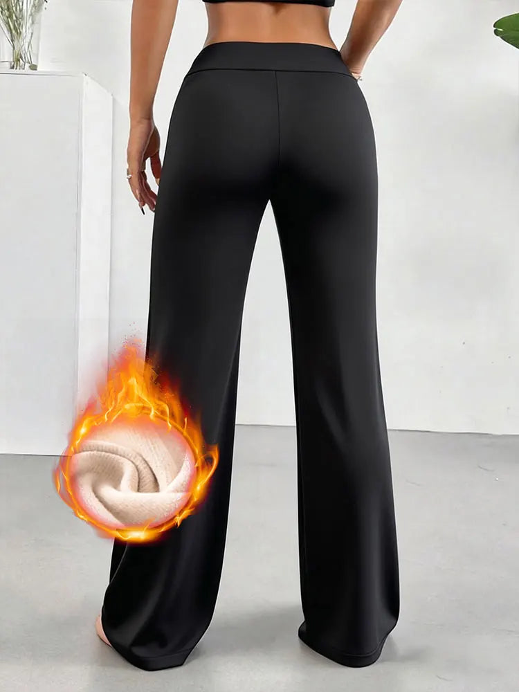 Pantalon large doublé polaire chaud, taille haute, coupe droite, pour femme, vêtement doux et décontracté, idéal pour l'extérieur en hiver