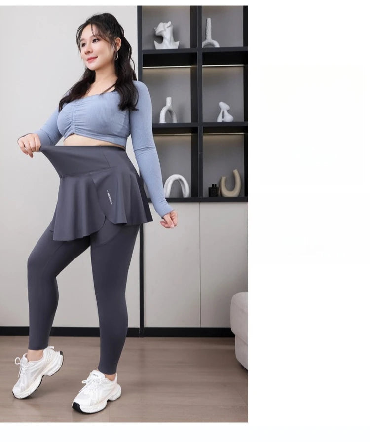 Leggings de Yoga faux deux articles, grande taille, 200lb, avec poches, jupe taille haute en peau de requin, pantalon d'entraînement, collants Slim