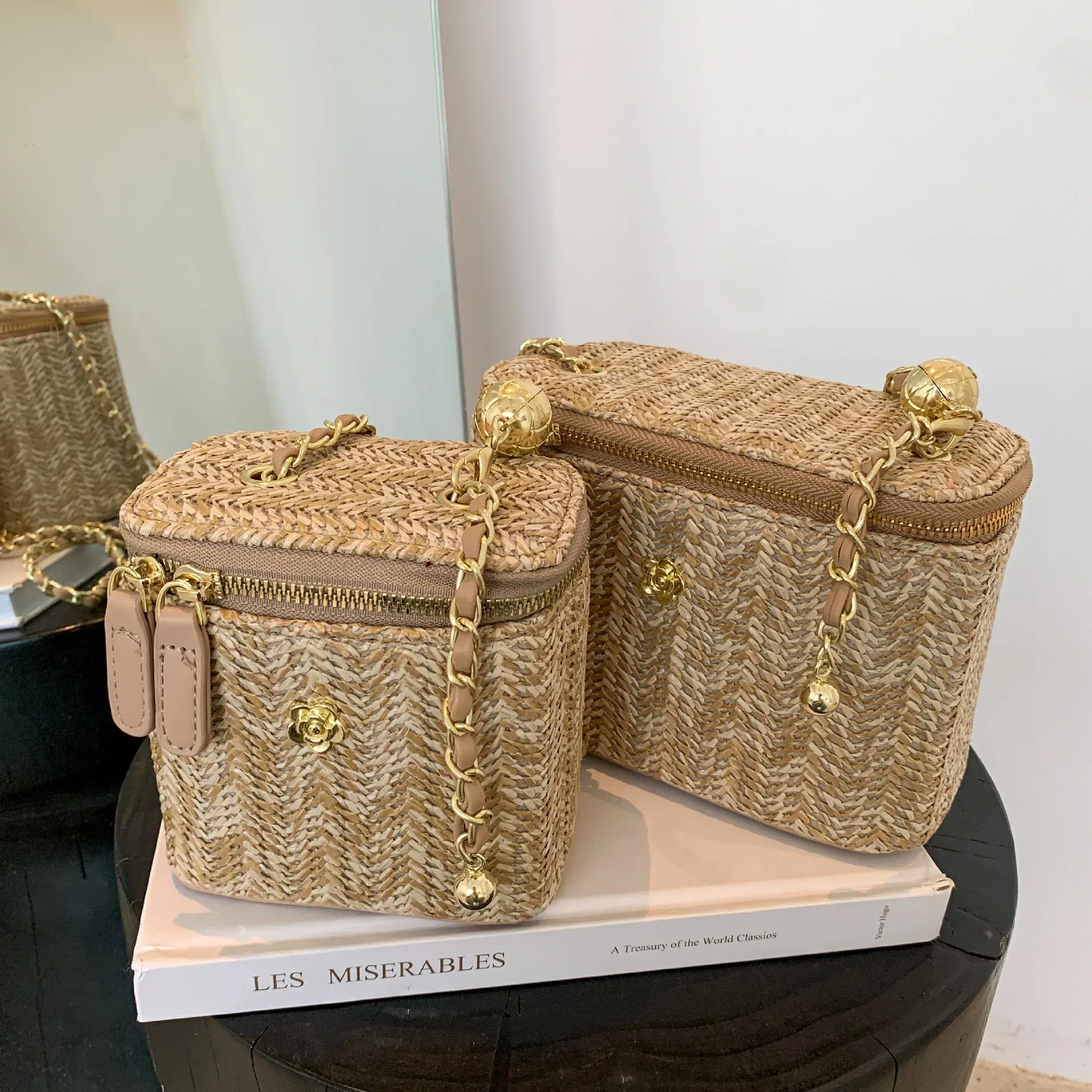 Mini sac à bandoulière seau en paille pour femmes, sacs à main et bourses de marque tissés avec chaîne à la mode, sacs à bandoulière simples, été 2026