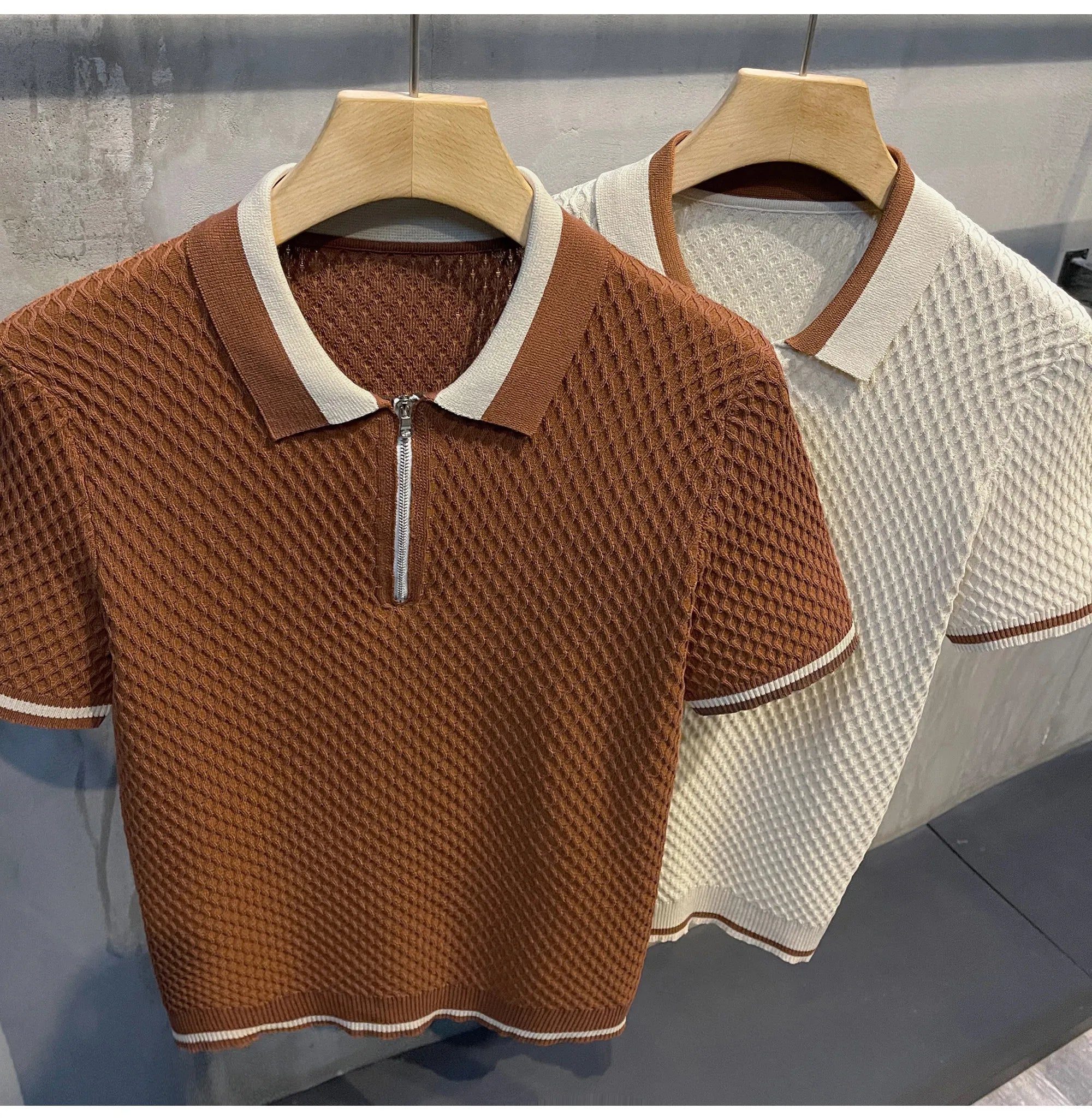 Polo en maille jacquard décontracté pour homme 2026, col en V, couleur unie, manches courtes, respirant, vêtement de luxe B24