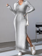 Robe sexy en tricot pour femmes, col en v, col inversé, fendue, manches longues, élastique, pull basique, automne hiver