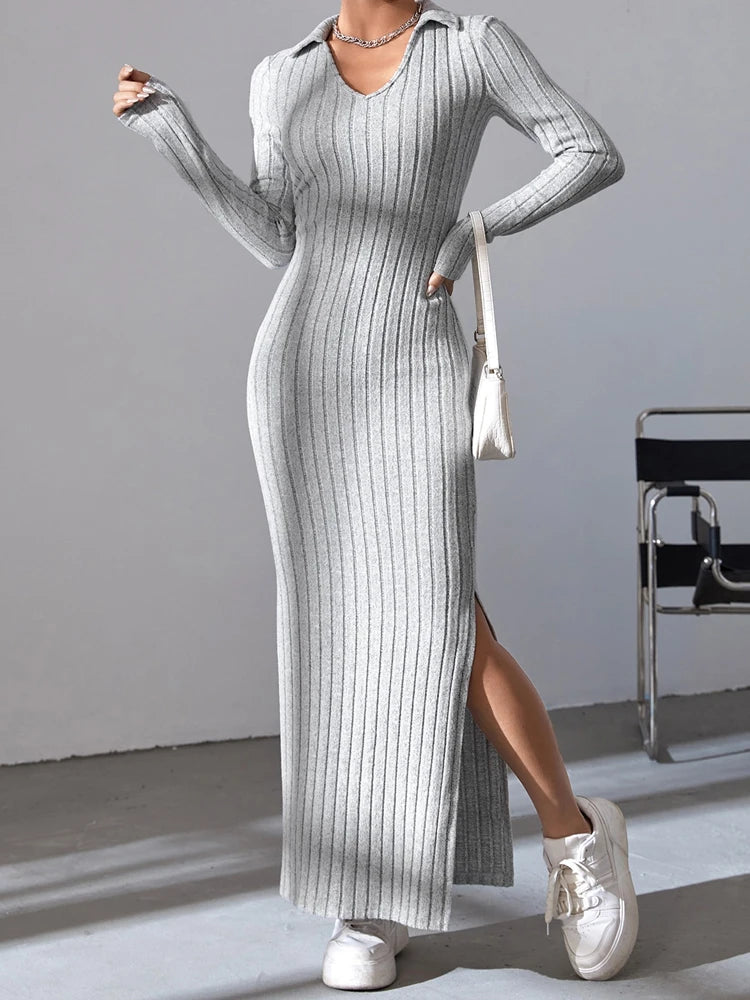 Robe sexy en tricot pour femmes, col en v, col inversé, fendue, manches longues, élastique, pull basique, automne hiver