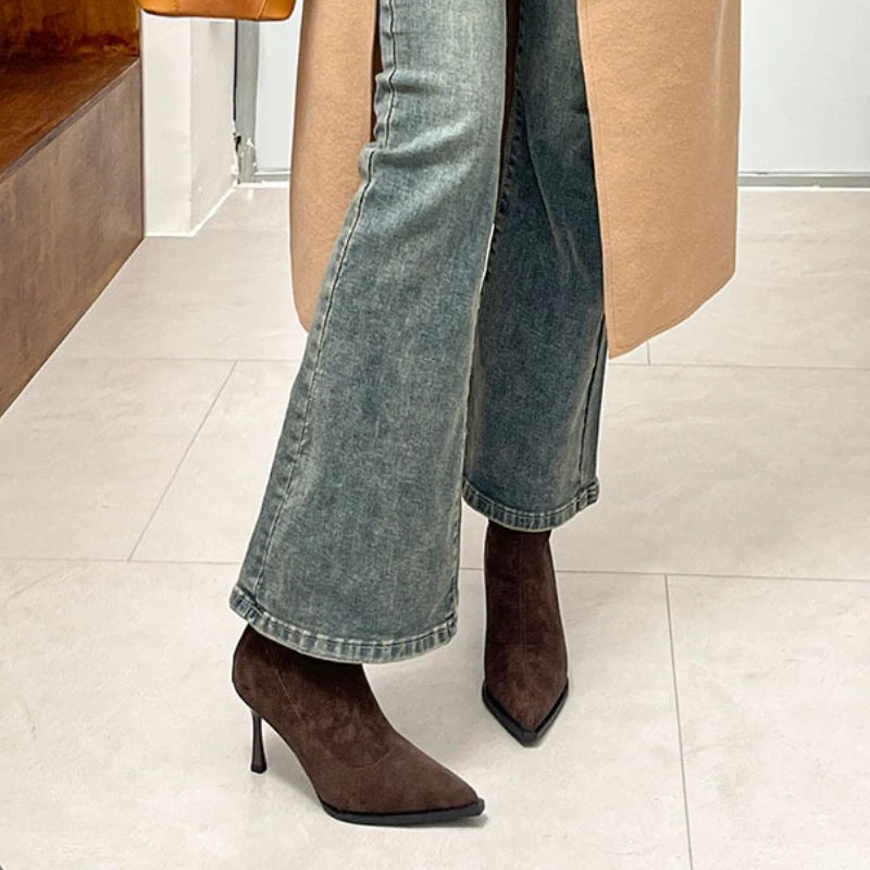 Bottines à talons hauts et bout pointu pour femme, chaussures de soirée de danse élégantes, à la mode, courtes et fines, extensibles, automne et hiver