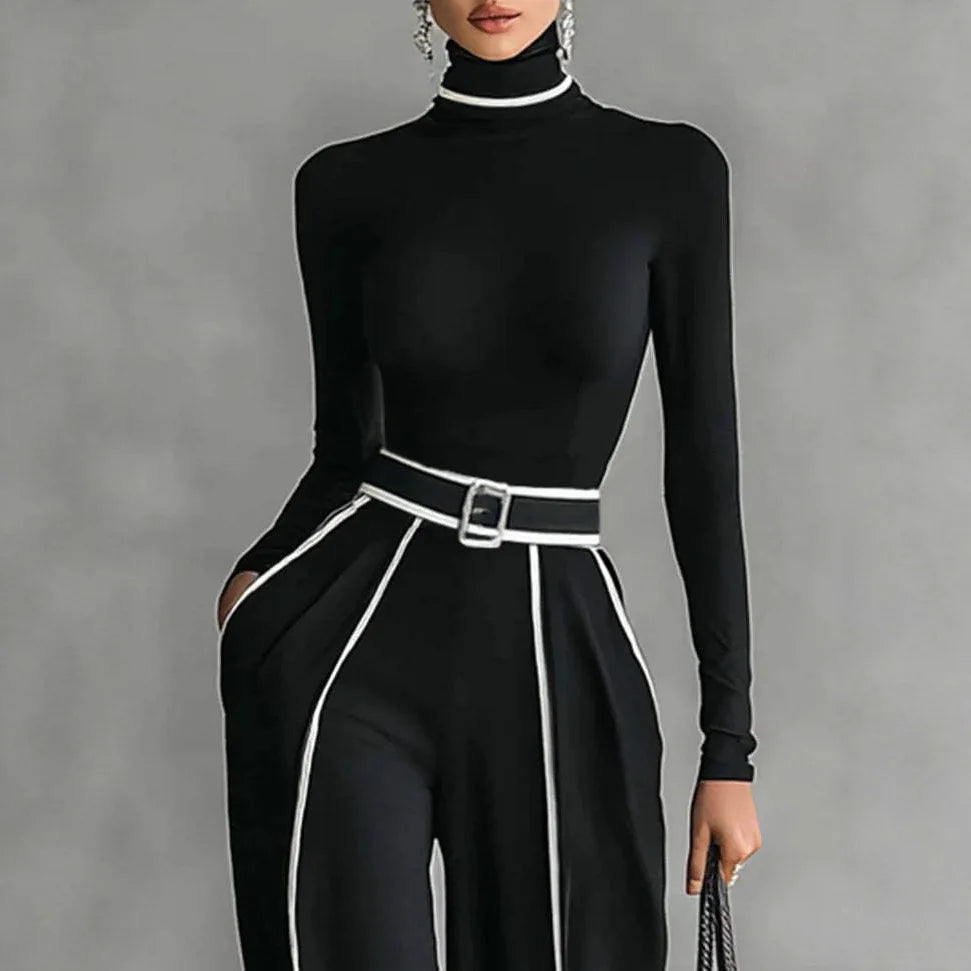 Salopette en Patchwork imprimé rayé pour femme, élégante, col haut, haut Slim, pull et pantalon à jambes larges, costume d'hiver, automne