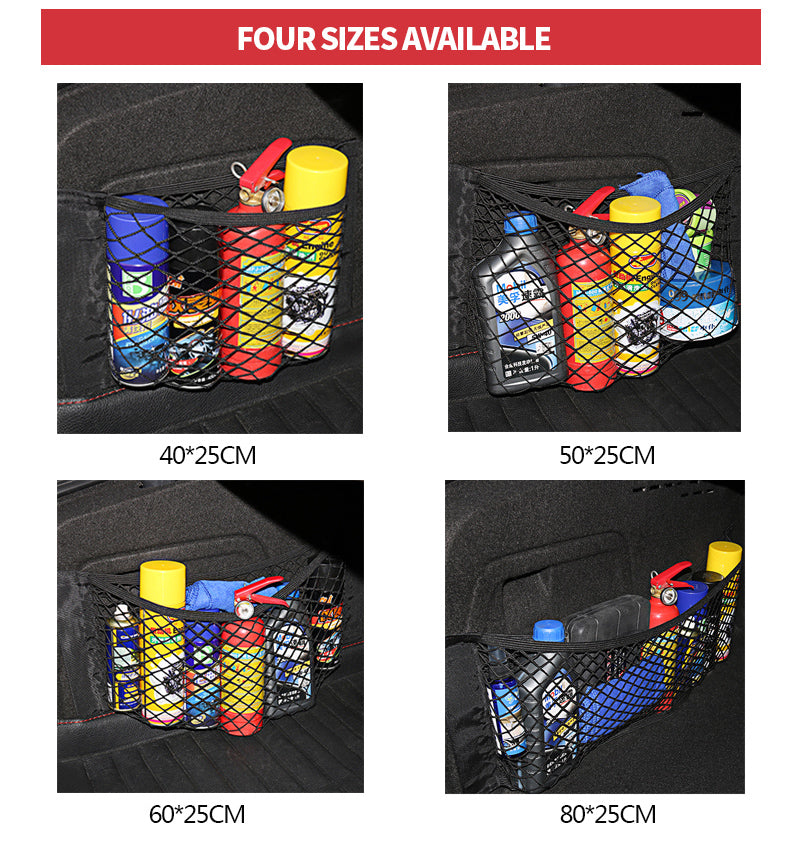Filet de rangement pour coffre arrière de voiture, filet en maille pour siège, corde élastique, autocollant magique, sac de rangement universel, organisateur de poche pour voiture