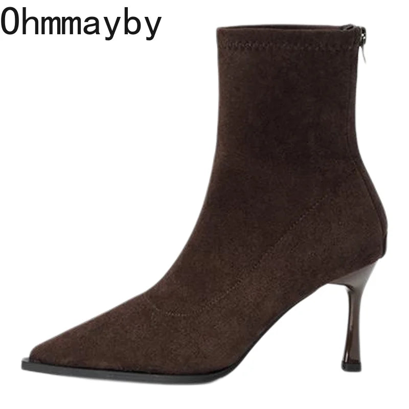 Bottines à talons hauts et bout pointu pour femme, chaussures de soirée de danse élégantes, à la mode, courtes et fines, extensibles, automne et hiver