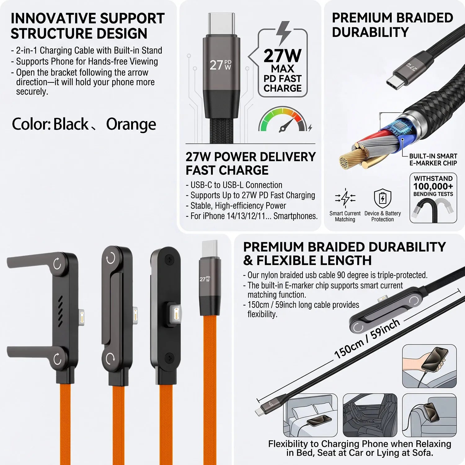 Câble USB Type C vers iOS 2-en-1 avec support de charge rapide pour iPhone 14, 13, 12, 11 et séries SE – Câbles USB-C coudés pour transfert de données