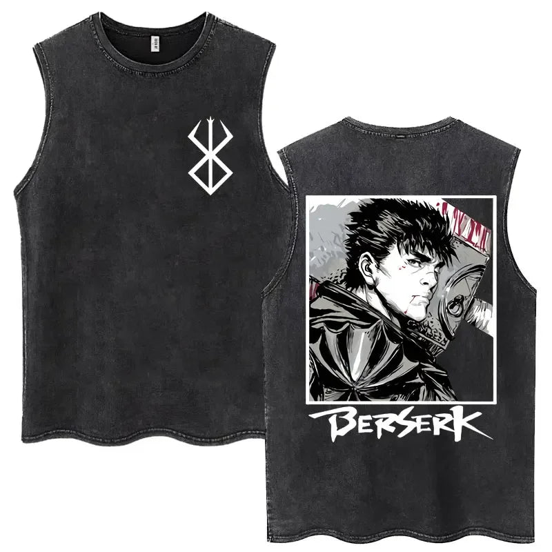 Anime Berserk Guts lavé Harajuku débardeurs rétro Manga Gatsu Griffith Zodd t-shirts sans manches unisexe coton surdimensionné T-Shirt