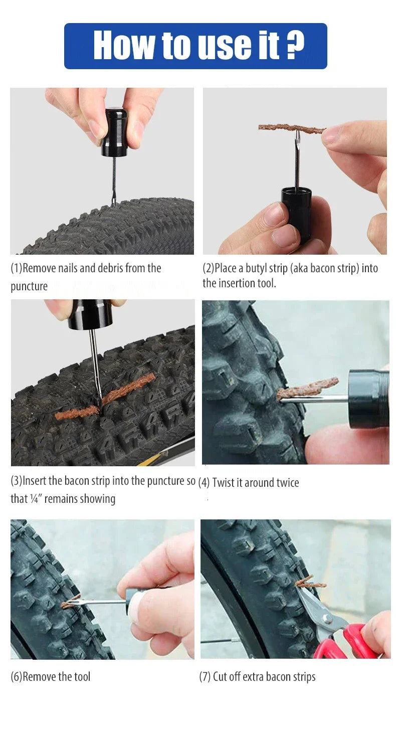 Kit de Réparation Pneus Tubeless Vélo – Outil + Bandes de Bacon Anti-Crevaison