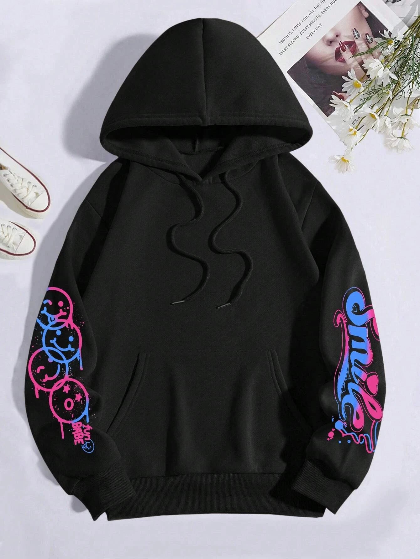 Happy Day – sweat à capuche imprimé Graffiti pour femmes, style Hip Hop, à la mode, col rond, polyvalent, Vintage, surdimensionné, vêtements féminins
