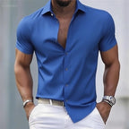 Chemise décontractée pour hommes de couleur unie, tissu extensible à manches courtes décontracté à la mode, chemise formelle d'affaires, tissu confortable