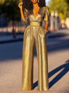 Uoozee – combinaison Sexy à col en v profond, taille haute, jambes larges, manches longues, couleur unie, tenues de fête amples, nouvelle collection 2026