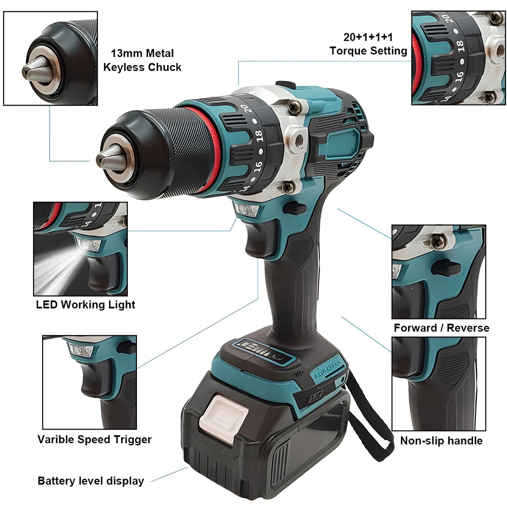 Podofo 480N.M perceuse à percussion électrique tournevis électrique sans brosse 13mm 18V outils électriques avec 2 batteries outil de forage à percussion rotatif
