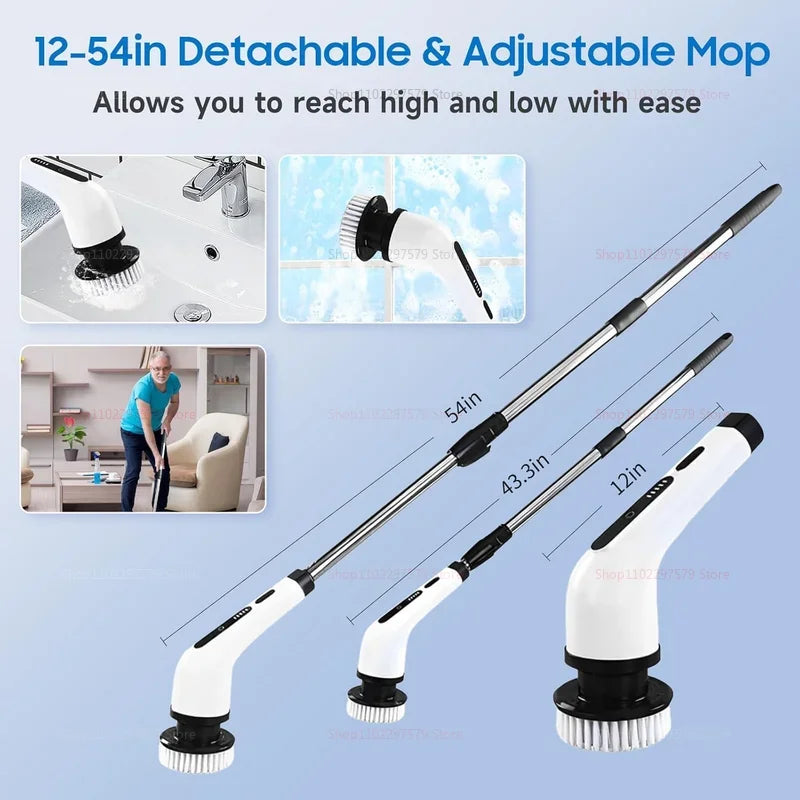 Épurateur électrique 9 en 1, brosse de nettoyage sans fil, douche, poignée d'extension réglable, étanche pour baignoire, carrelage et sol