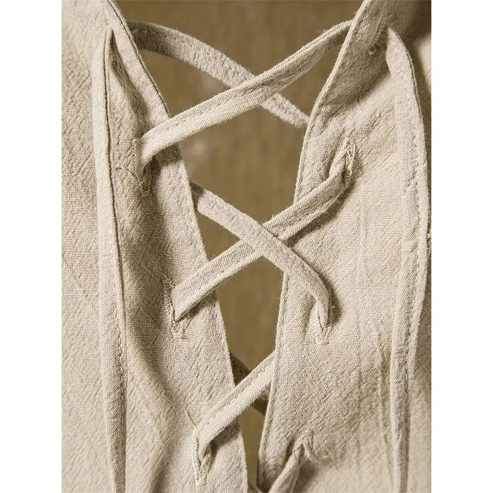 Chemise rétro à manches courtes pour hommes, en coton et lin, légère, respirante, couleur unie, hauts à la mode, col en v Pirate, chemises élégantes pour hommes
