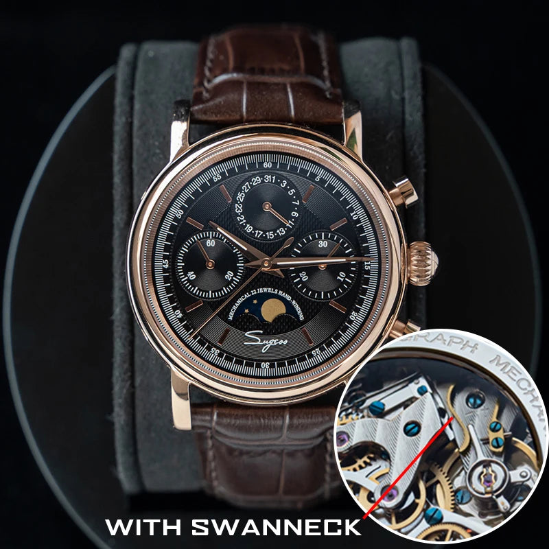 Sugess – montre-bracelet pour hommes, ST1908, mouvement à col de cygne, chronographe mécanique, véritable calendrier de phase de lune, cuir Vintage, nouveau 2026