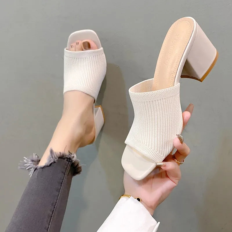 Sandales de Luxe Décontractées et Souples à Talons Hauts pour Femme, Mules Noires, Pantoufles d'Été, Chaussures d'Extérieur, Parka Ouverte, Taille 42