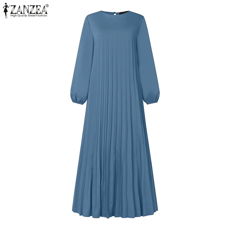 Robe musulmane du Ramadan Abaya ZANZEA, Kaftan décontracté pour femmes, robe longue plissée à manches longues, Hijab, Robe Femme, Vêtements islamiques, Eid Mubarek