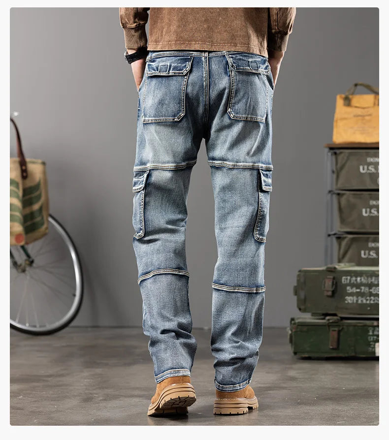 Jeans multi-poches coupe droite pour hommes, vêtements de travail à jambes larges en plein air, grande taille, 42, 44, nouveaux styles, automne et hiver