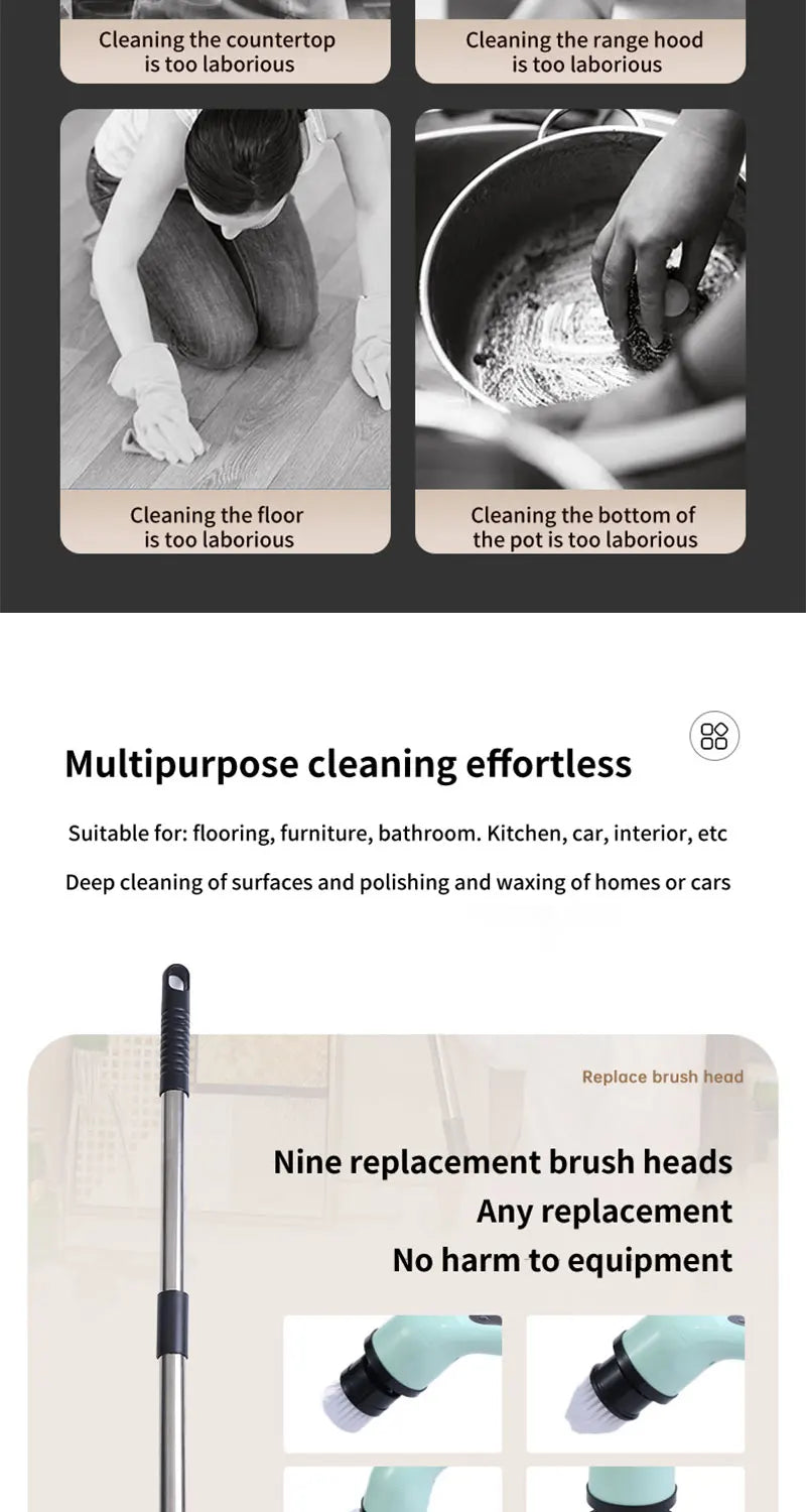 Épurateur électrique 9 en 1, brosse de nettoyage sans fil, douche, poignée d'extension réglable, étanche pour baignoire, carrelage et sol
