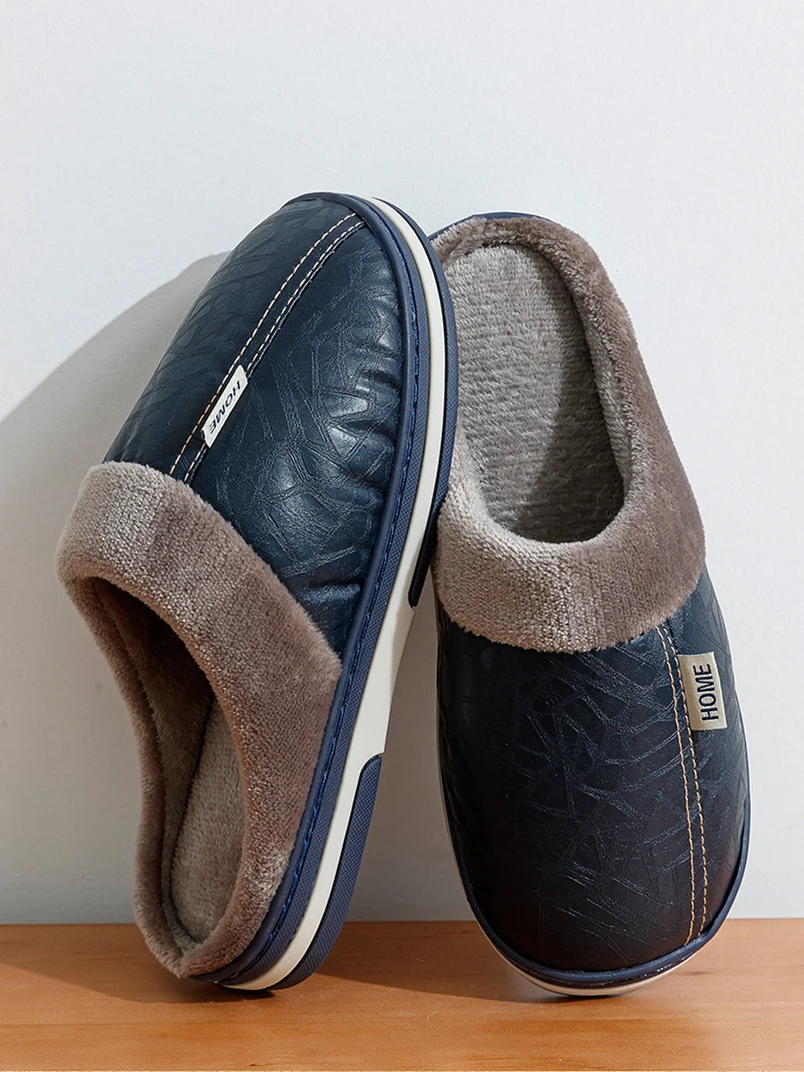 Grande taille hiver décontracté chaussons pour hommes intérieur imperméable en cuir PU maison chaussures fourrure plat chaud mode chambre Houseshoes