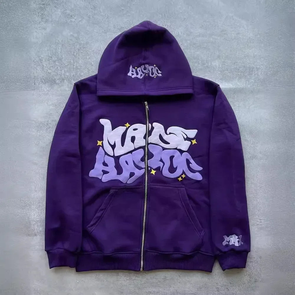 Sweat-shirt à capuche avec fermeture éclair et lettres américaines rétro, adapté aux hommes et aux femmes portant une veste Y2K, cardigan automne/hiver