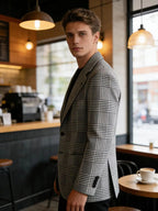 Blazer Homme Slim Fit en Mélange de Laine à Carreaux Pied-de-Poule, Veste Décontractée à Deux Boutons avec Revers Cranté, Idéal pour Tenues Professionnelles et Formelles