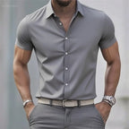 Chemise décontractée pour hommes de couleur unie, tissu extensible à manches courtes décontracté à la mode, chemise formelle d'affaires, tissu confortable