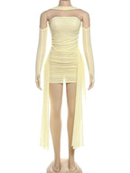Kliou – Mini robe en maille Simple pour femmes, mode, couleur unie, sans bretelles, rubans, pompon, façonnant le corps, gants à manches longues