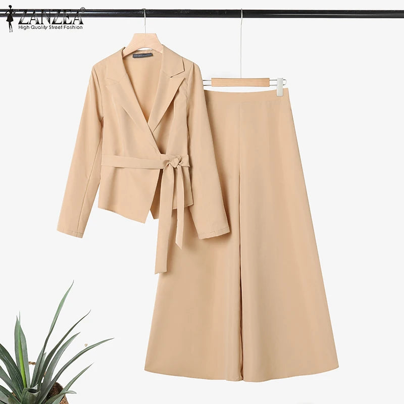ZANZEA élégant 2 pièces pantalon ensembles à manches longues ceinturé léger Blazer et jambe large pantalon 2 pièces costumes bureau dame ensembles de déplacement