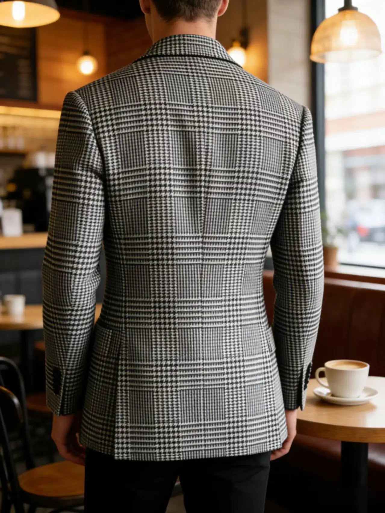 Blazer Homme Slim Fit en Mélange de Laine à Carreaux Pied-de-Poule, Veste Décontractée à Deux Boutons avec Revers Cranté, Idéal pour Tenues Professionnelles et Formelles