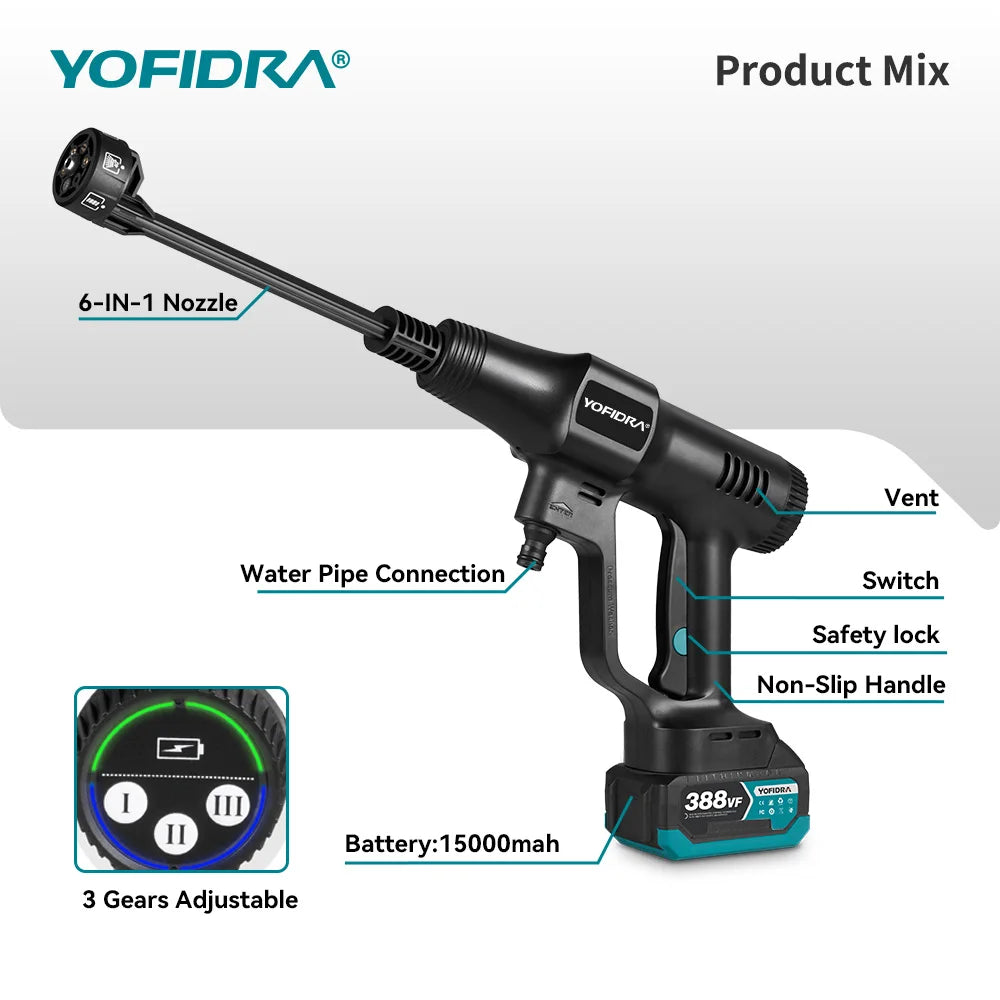 Nettoyeur haute pression sans fil YOFIDRA 6 en 1 200 bars, pistolet à eau pour voiture, nettoyeur domestique, pistolet de lavage pour batterie Makita.