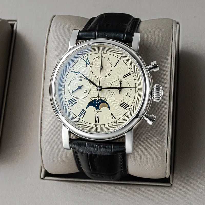 Sugess – montre-bracelet pour hommes, ST1908, mouvement à col de cygne, chronographe mécanique, véritable calendrier de phase de lune, cuir Vintage, nouveau 2026
