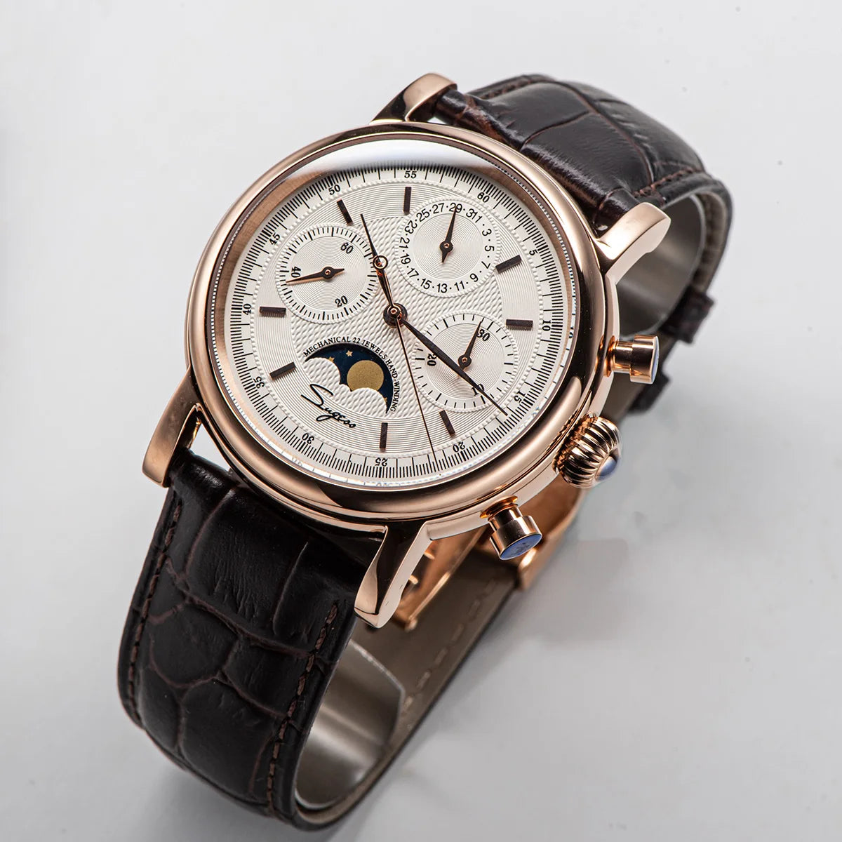 Sugess – montre-bracelet pour hommes, ST1908, mouvement à col de cygne, chronographe mécanique, véritable calendrier de phase de lune, cuir Vintage, nouveau 2026