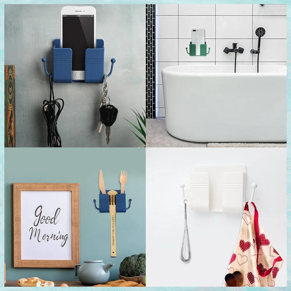 Support mural adhésif pour téléphone avec crochets, boîte de rangement pour téléphone portable, télécommande, boîte de rangement pour chambre à coucher, outils de cuisine