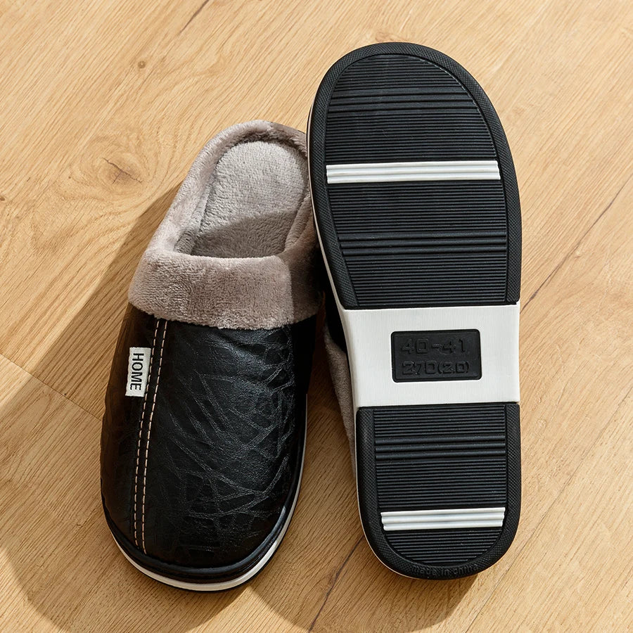 Grande taille hiver décontracté chaussons pour hommes intérieur imperméable en cuir PU maison chaussures fourrure plat chaud mode chambre Houseshoes