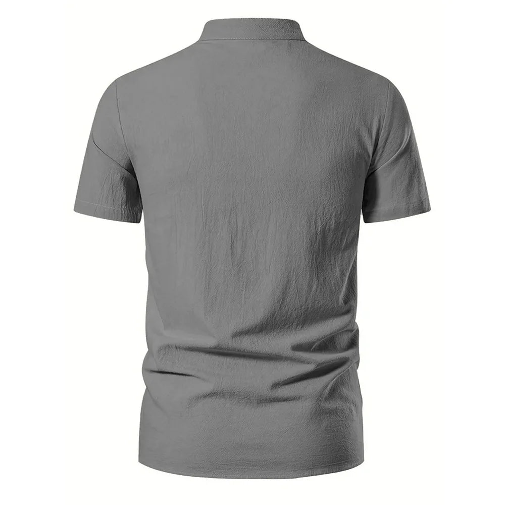 Chemise rétro à manches courtes pour hommes, en coton et lin, légère, respirante, couleur unie, hauts à la mode, col en v Pirate, chemises élégantes pour hommes