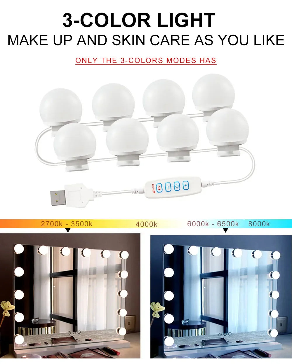 Ampoules LED détachables pour miroir de maquillage professionnel, alimentation USB, lumière pour miroir cosmétique, coiffeuse Hollywood, lumières de vanité
