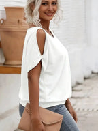 T-shirt pour femme à épaules dénudées, manches courtes, en maille douce unie, coupe ample, décontracté, chic, respirant, pour le quotidien, printemps-été