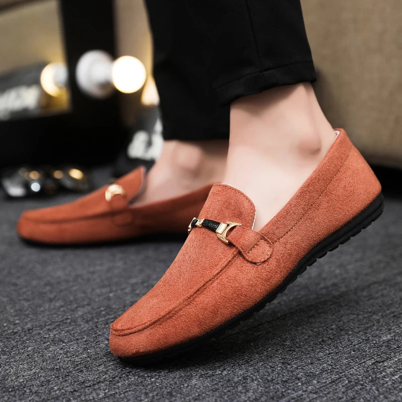 Mocassins en daim bleu pour hommes, chaussures de conduite plates respirantes, mocassins souples à enfiler, chaussures décontractées en cuir faites à la main, printemps et été