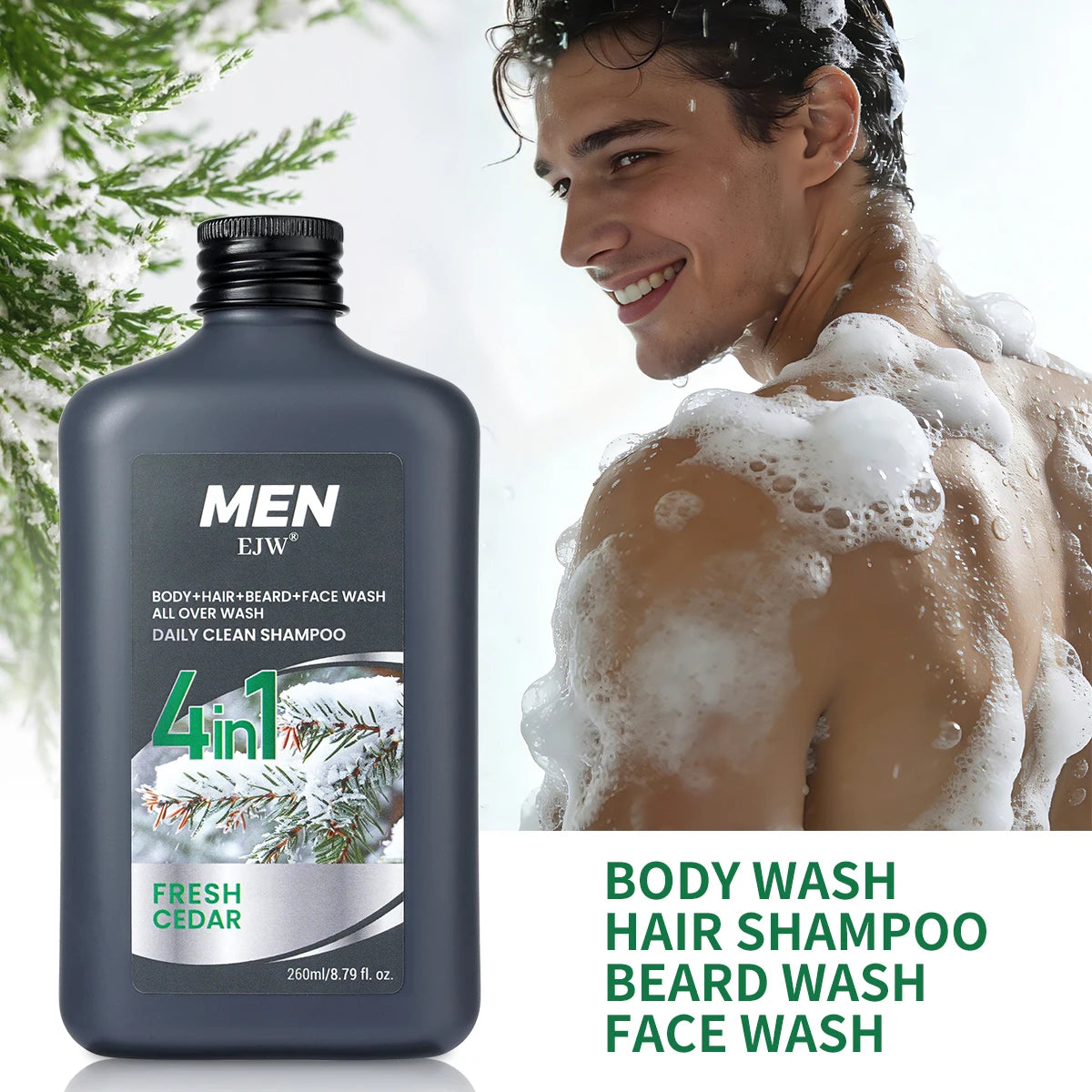Nettoyant 4-en-1 pour le corps, les cheveux, la barbe et le visage pour hommes - Hydrate la peau, la barbe et les cheveux toute la journée, renforce les cheveux et la barbe, cadeau pour lui.