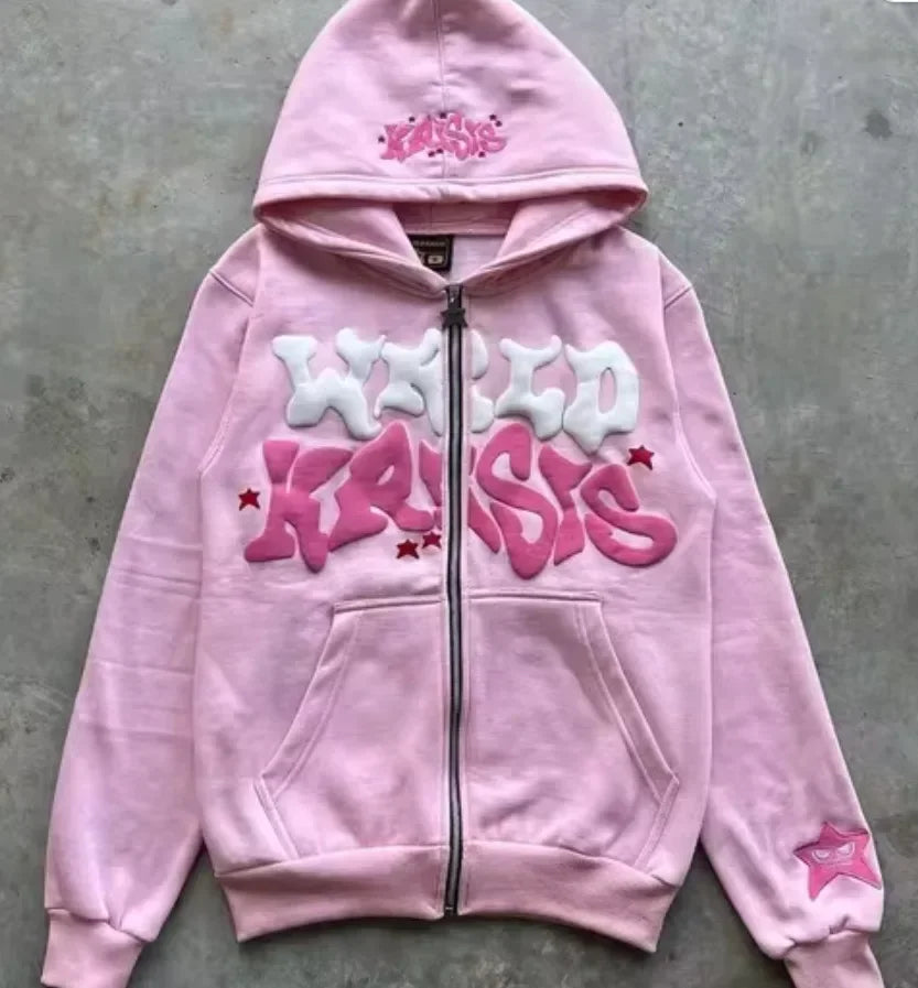 Sweat-shirt à capuche avec fermeture éclair et lettres américaines rétro, adapté aux hommes et aux femmes portant une veste Y2K, cardigan automne/hiver