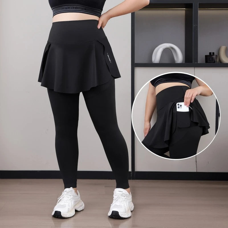 Leggings de Yoga faux deux articles, grande taille, 200lb, avec poches, jupe taille haute en peau de requin, pantalon d'entraînement, collants Slim