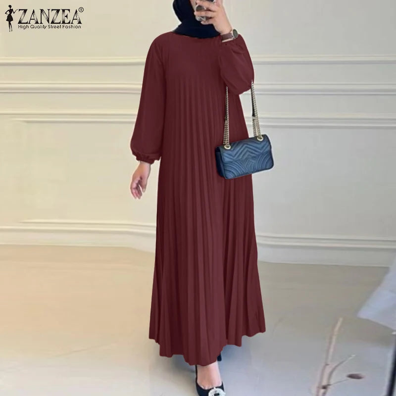 Robe musulmane du Ramadan Abaya ZANZEA, Kaftan décontracté pour femmes, robe longue plissée à manches longues, Hijab, Robe Femme, Vêtements islamiques, Eid Mubarek