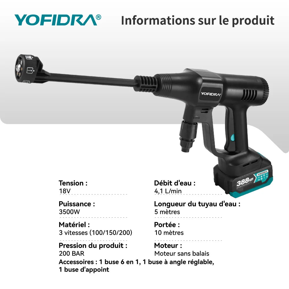 Nettoyeur haute pression sans fil YOFIDRA 6 en 1 200 bars, pistolet à eau pour voiture, nettoyeur domestique, pistolet de lavage pour batterie Makita.