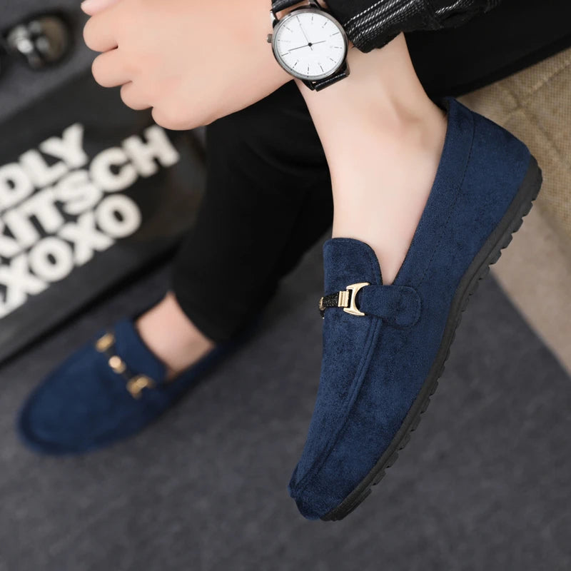 Mocassins en daim bleu pour hommes, chaussures de conduite plates respirantes, mocassins souples à enfiler, chaussures décontractées en cuir faites à la main, printemps et été
